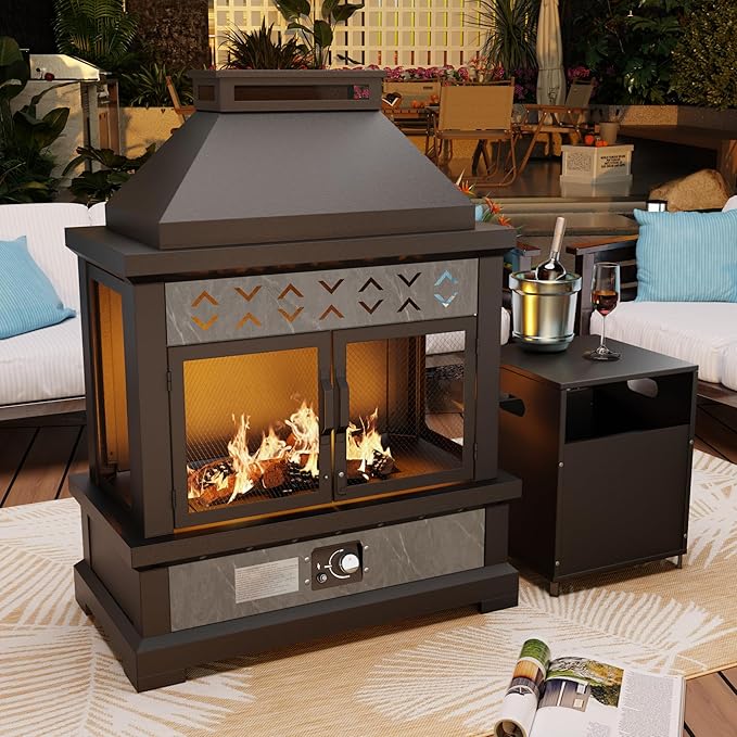 47.3''x35.5'' Outdoor Propane Fireplace, 50,000 BTU Vent-Free Gas Heater, CSA Certified Grey & Black Weather-Resistant Steel, Realistic Ceramic Logs, Rain Cover Included