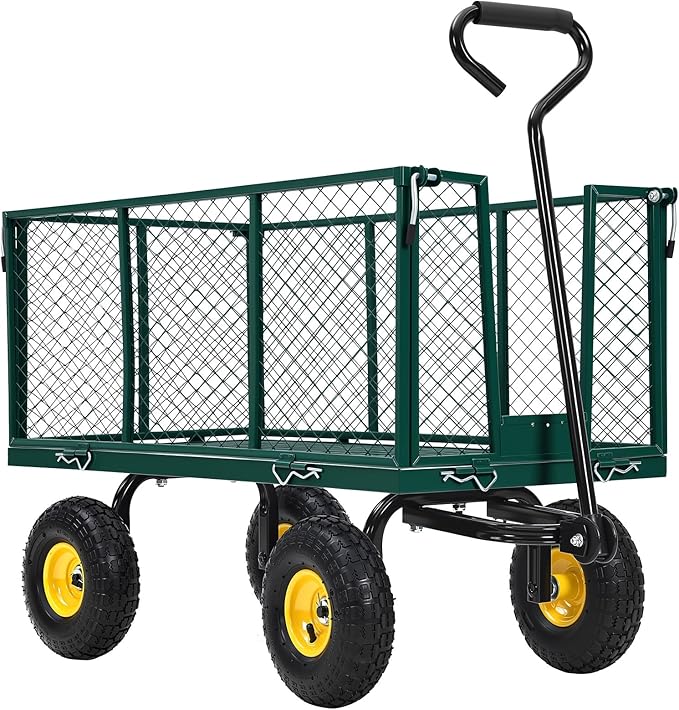 1100 Lbs Steel Garden Cart. Heavy Duty Metal Garden Wagon with 10" Wheels, Pullable Metal Garden Wagon with 180° Rotating Handle and Removable Sides for Farm, Yard
