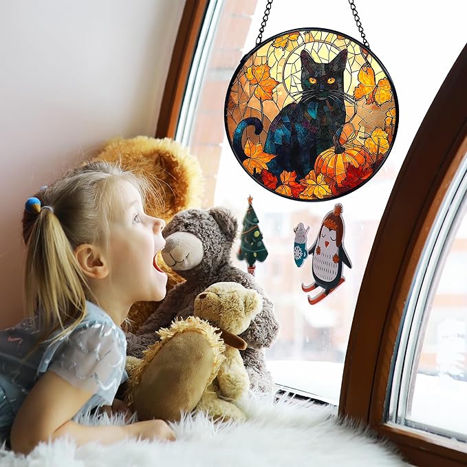 TNUW Fall Pumpkin Black Cat Stained Glass Window Hanging, Autumn Pumpkin Maple Leaf Black Cat Sun Catchers Indoor Window Glass Round Wall Art Decor, Rustic Fall Wall Hanging Decorations, 7.9＂x7.9＂
