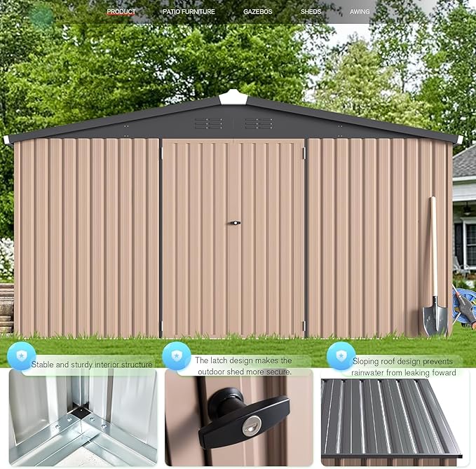 U-MAX 10' x 10' Shed Outdoor Storage Shed Clearance, Metal Garden Large Yard Steel Shed with Design of Lockable Doors, Tool and Utility Storage for Backyard, Garden, Patio, Outside use