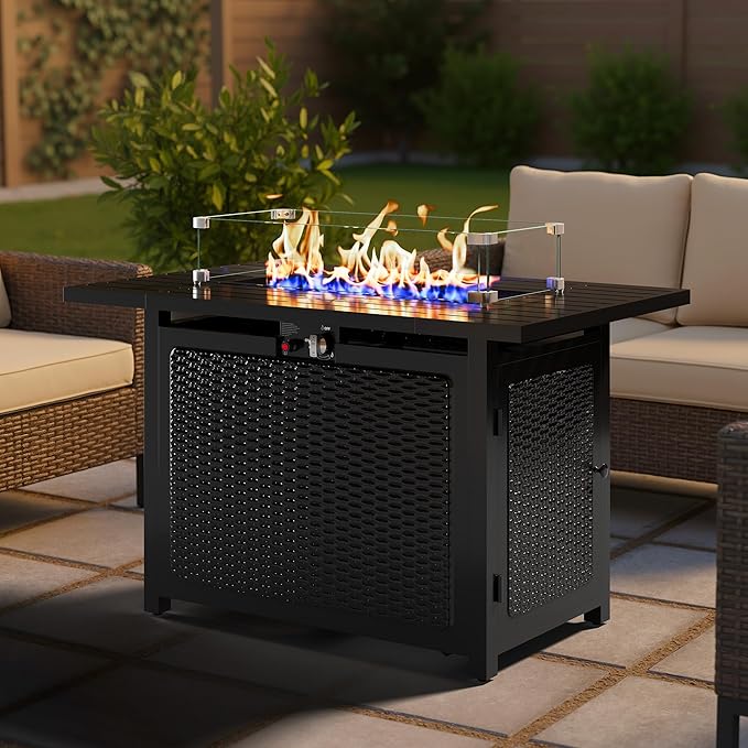 Royalcraft 43” Outdoor Propane Fire Table Set with Heavy-Duty Glass Stones, Glass Wind Guard, Lid & Water-Resistant Cover, 50,000 BTU Metal Fire Pit Table, Rectangle Fire Pit Table for Patio, Deck