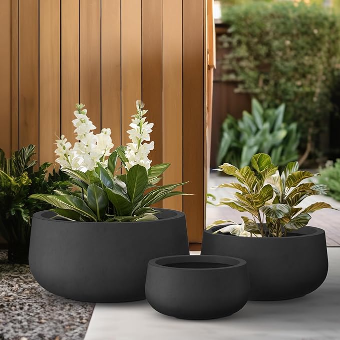 Kante 19.6",15.7",11.8" Dia Round Concrete Planters Set of 3, Outdoor Indoor Garden Plant Pots with Drainage Hole and Rubber Plug, Modern Curvaceous Design, Black
