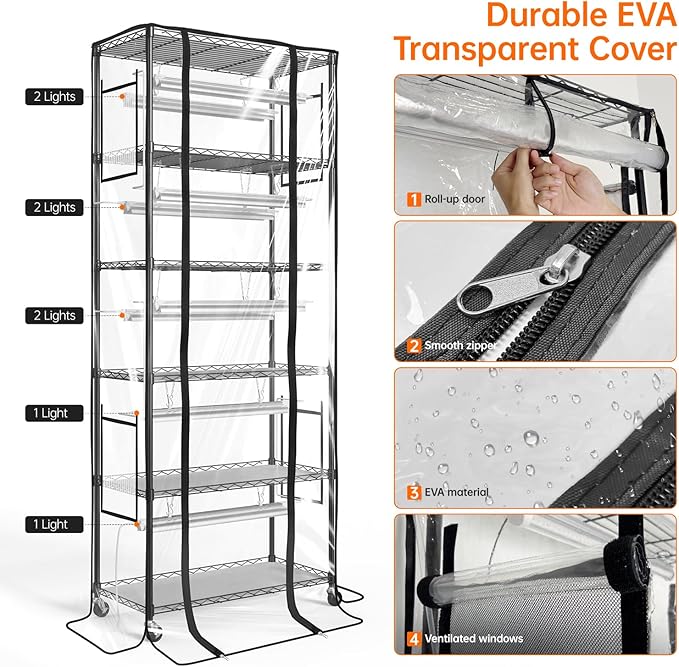 DIY Plant Shelf with Grow Lights and EVA Greenhouse Cover, Plant Stand with Adjustable Rack and Wheels, 8-Pack 192W T8 3000K Full Spectrum Plant Lights for Seed Starting (29.5L x 13.8W x 70.9H)