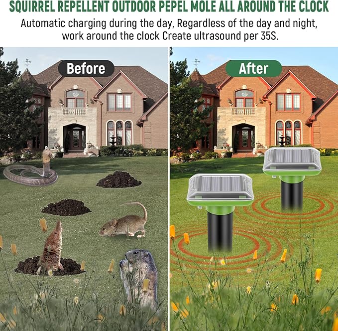 Mole Repellent Solar Powered,2025 Upgraded Vole Repellent Ultrasonic Solar Powered,Mole Repeller Outdoor for Lawns Garden Yard,Gopher Trap Killer for Gopher,Squirrel(2 Pack)
