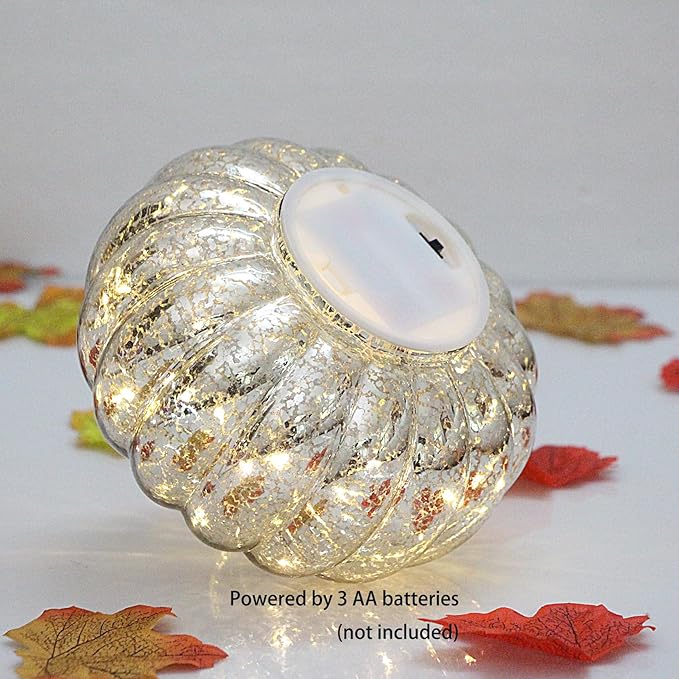 Mercury Glass Pumpkin Lights with Timer, Battery Operated Led Pumpkin Lights for Halloween Fall,Thanksgiving Rustic Decor (Silver Common, 6")