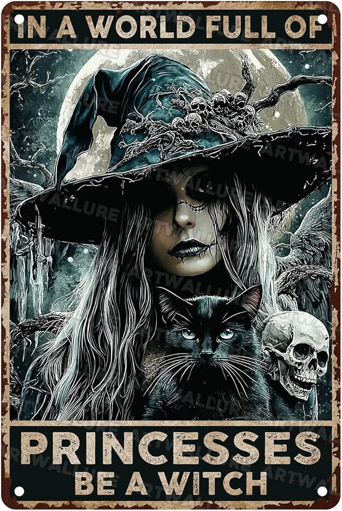 Goth Metal Tin Sign Vintage Halloween Wall Art Kitchen Witch Decoration Spooky Rustic Decor Tin Plaque Retro Iron Painting 8x12inch