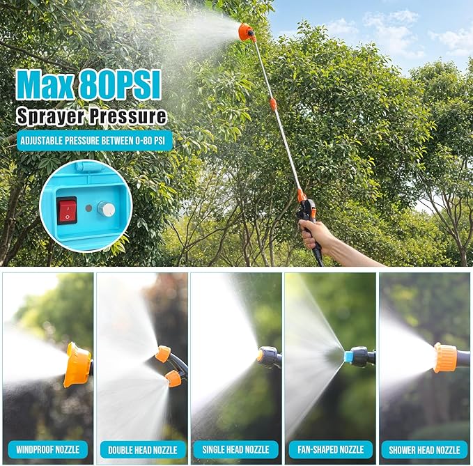 Battery Powered Backpack Sprayer 3.2 Gallon, 0-80 PSI Adjustable Pressure Sprayer Compatible with 18V Battery, Electric Sprayer with Wand, 5 Nozzles, 2.0Ah Battery&Charger Included