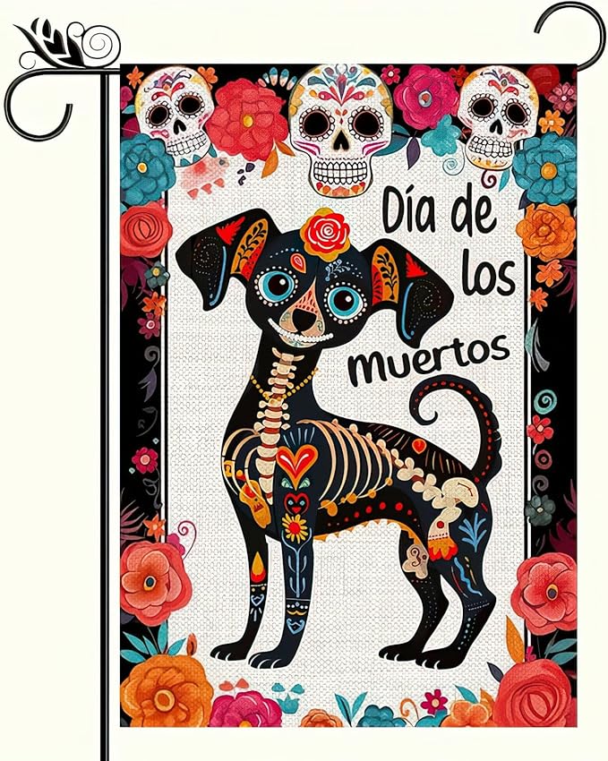 Day of the Dead Garden Flag Dachshund Skeletons Flowers Garden Flag Double Sided 12.x18 Inch Welcome Dog Flag Halloween Flag Mexican Dia De Los Muertos Sugar Skull House Decorations Outdoor