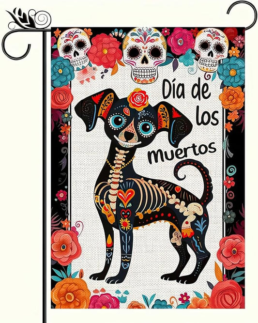 Day of the Dead Garden Flag Dachshund Skeletons Flowers Garden Flag Double Sided 12.x18 Inch Welcome Dog Flag Halloween Flag Mexican Dia De Los Muertos Sugar Skull House Decorations Outdoor
