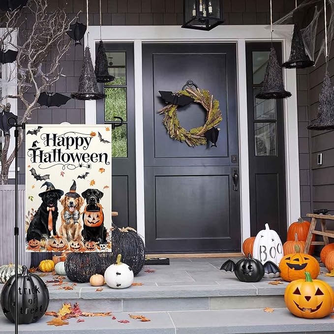 ChloropLastid Happy Halloween Dogs Garden Flag Double Sided for Outside 12x18 Inch Pumpkin Holiday Yard Decorations Burlap Outdoor Garden Flags