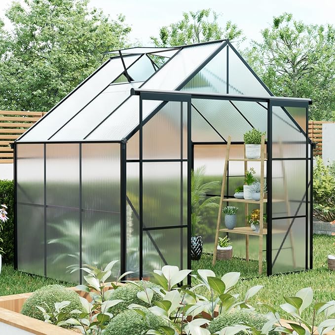 KEIKI 8x6 FT Double Door Upgrade Polycarbonate Greenhouse with Aluminum Frame,Raised Base and Roof Vent,Walk-in Greenhouses for Patio Garden