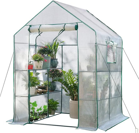 Green Houses for Outdoors, PE Walk in Greenhouse with 2 Side Mesh Windows, Portable Green House with Anchors & Ropes Stands Up to Wind, 56"x56"x78" White