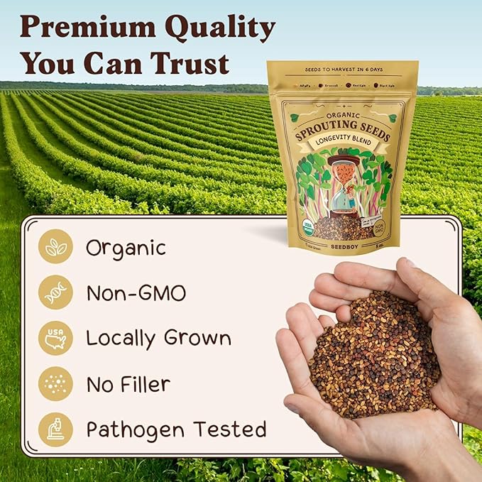 Seedboy Organic Sprouting Seeds - Longevity Blend- Non-GMO, USA Grown Microgreens Mix - Broccoli, Red Kale, Black Kale, Alfalfa - Makes Over 6 Quarts of Sprouts, 20 Servings (8 oz) (Longevity Blend)