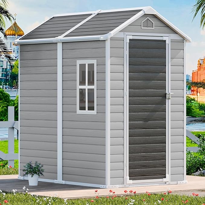 CDCASA 6x4 FT Resin Shed, Waterproof Outdoor Small Storage Shed with Floor & Lockable Door & Window & Vents, Plastic Tool Shed for Outside, Patio, Poolside, Grey