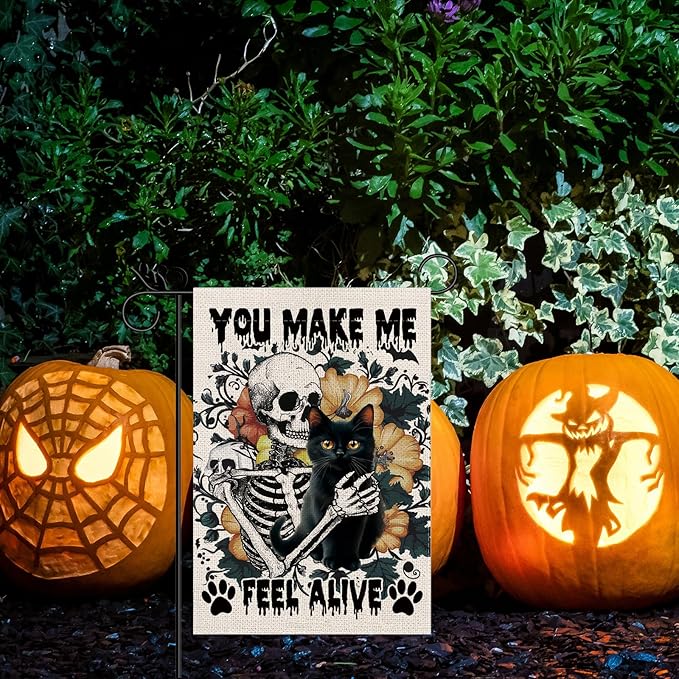 Halloween Garden Flag Skeleton and His Black Cat Vertical Double Sided Flags for Holiday Farmhouse Patio Yard Outdoor Party Decor Decorations Gifts - 12.5 x 18 Inch