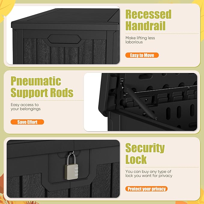 Devoko 240 Gallon Double-Wall Deck Box with Divider, Side Handles, Resin Outdoor Large Storage Box Waterproof and Lockable for Patio Furniture, Garden, Pool (Black)