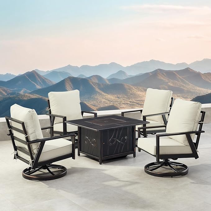 Oakland Living Black Aluminum Patio Fire Table Set with Four Club Chairs with Light Grey Cushions