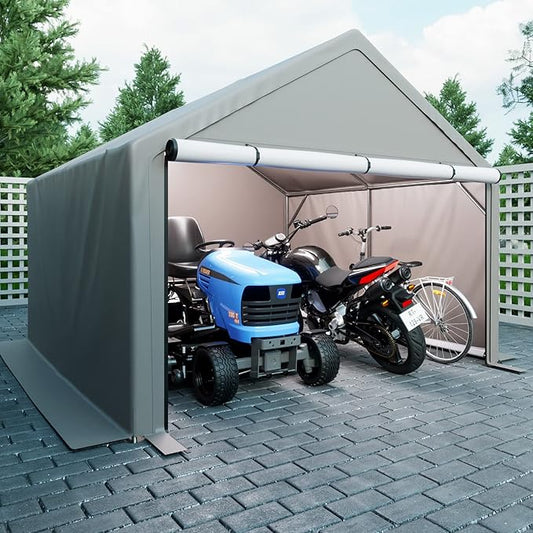 10x10 Ft Portable Outdoor Storage Shed,Bike Shed Storage Tent W/Double Zippers & 4 Tensioners,Carport W/Buckles & 6 Ground Pegs,Car Port Shelter for Garden,Motorcycle Shelter,Lawn,Gray
