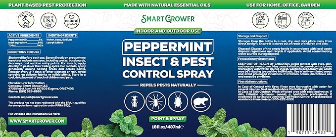 All Natural Peppermint Oil Insect & Pest Control Spray Repels Mice, Spiders, Ants, for Home, Indoor, Outdoor, Garden Maximum Strength Smart Grower Ready to Use 16 FL OZ