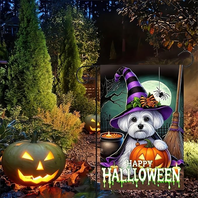 Happy Halloween Garden Flag Double Sided 12x18 Flag Dog Pumpkin Halloween Flag Cute Schnauzer Puppy Pumpkin Spider Design Outdoor Decoration Holiday Display Lawn Yard Banner