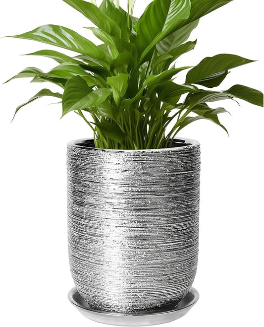 Ceramic Flower Pot for Plants - 8 Inch Plant Pot Indoor with Drainage Hole and Saucer, Cylinder Modern Outdoor Round Planter, Gardening Gifts for Women Men, Garden Office Decor, Silver