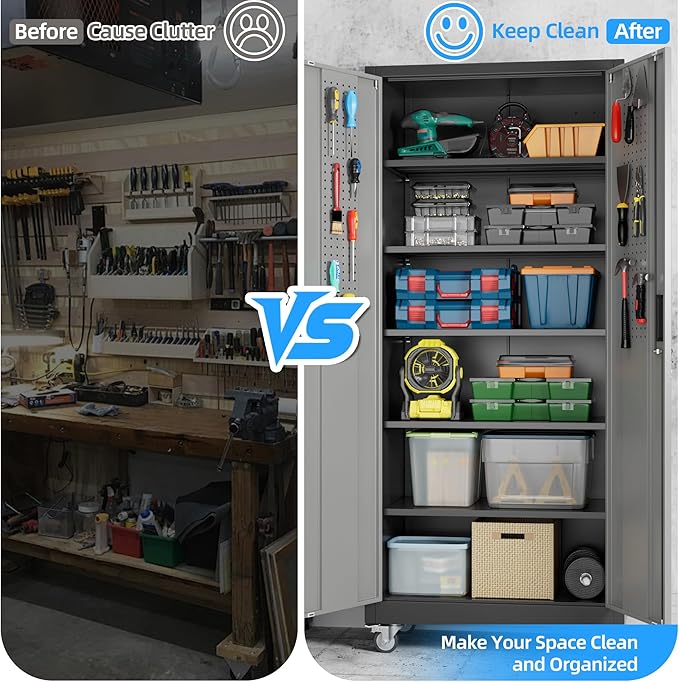 71"H×32"W×16"D Rolling Tool Storage Cabinet with 5 Adjustable Shelves and Pegboard,Metal Garage Storage Cabinet with Wheels for Garage Home Office Utility Room,Required Assembly, Black and Dark Grey