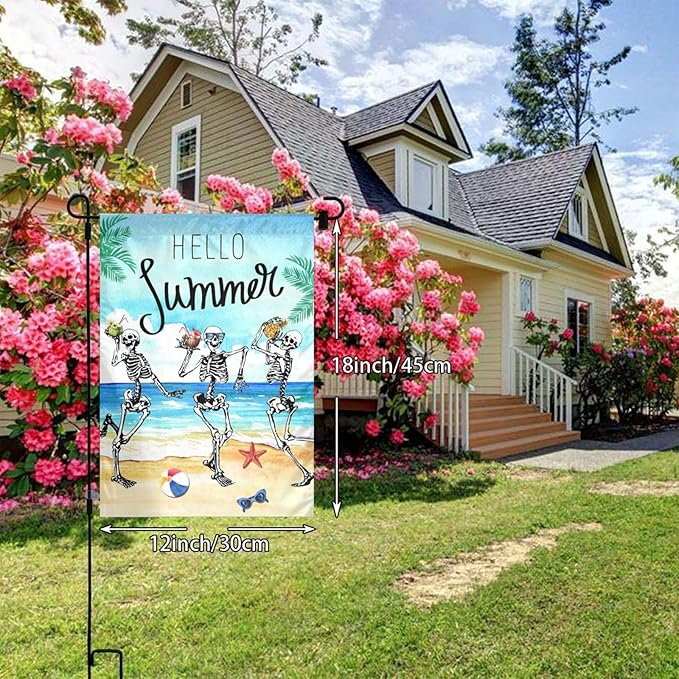 Hello Summer Skeleton Funny Skull Summer Coastal Hawaii Tropical Ocean Garden Flag Welcome Party Outdoor Outside Decorations Picks Home House Garden Yard Decor 12x18 Inch