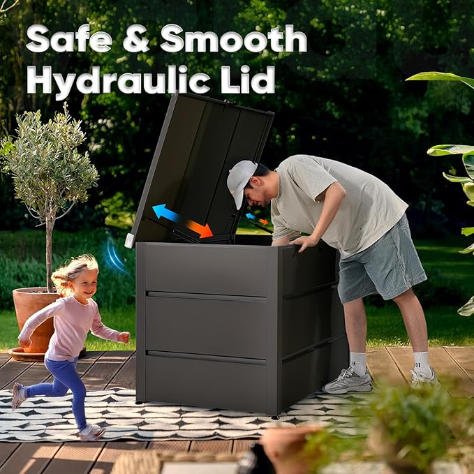 Quictent 150 Gallon Metal Outdoor Deck Box with Hydraulic Lid, Easy Assemble Waterproof Weather-Resistant Storage Bin, 660LBS Capacity for Patio/Garden/Poolside, Grey