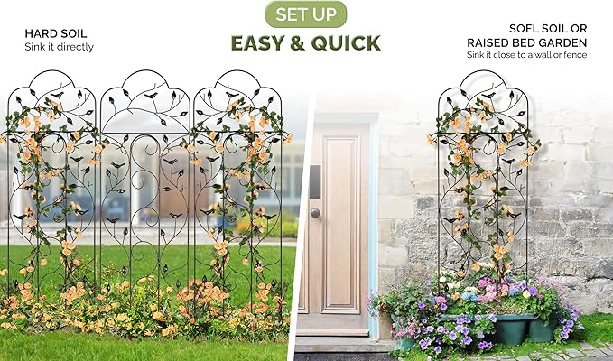 Idzo Decorative Metal Trellis for Climbing Plants Outdoor, Anti-Corrosion Powder Coated Garden Trellis, Sturdy Long Spikes, 60 Inch