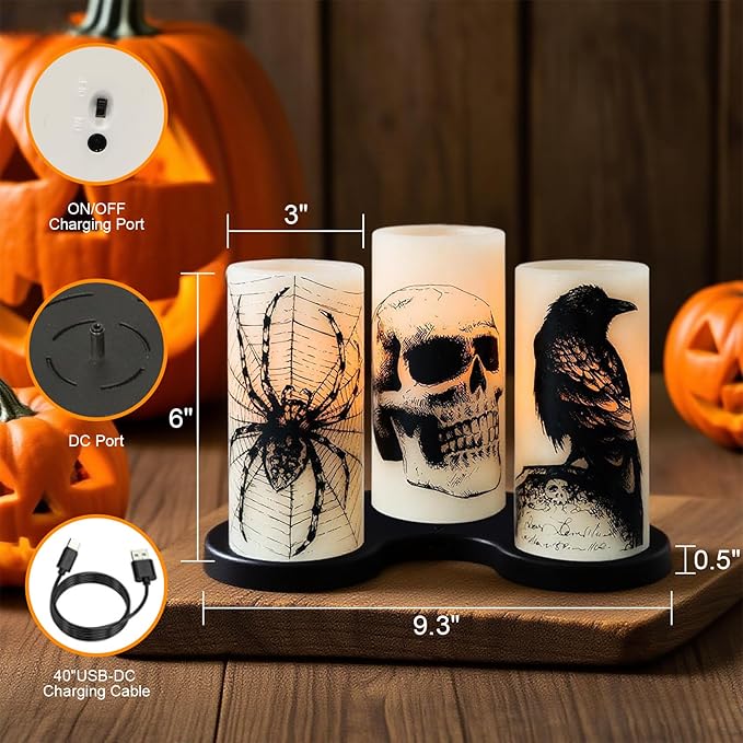 Eldnacele Halloween Flameless Candles with Skull,Spider Web, Crow Raven Decal, Rechargeable Battery Operated Cycle Timer Halloween Themed LED Real Wax Ivory Candles Spooky Decor(3pcs,D3×H6)