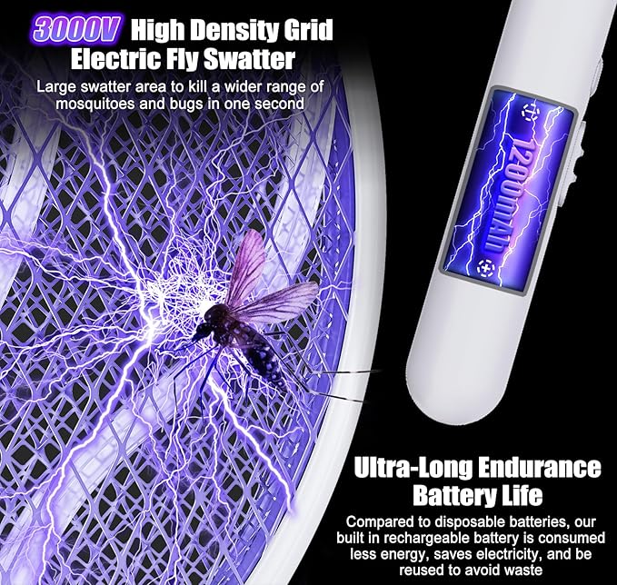 Electric Fly Swatter Racket 3000V Bug Zappers 2 in 1 Mosquito Zappers USB Rechargeable, 1200mAh Mosquitoes Killer Lamp & Fly Zappers with 3 Layer Safety Mesh for Home, Bedroom, Kitchen, Patio (2 Pack)