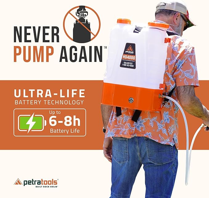 PetraTools Battery Powered Backpack Sprayer 4 Gallon - 6 Hours Long Battery Life & Padded Straps for Comfort - HD4000 Electric Backpack Garden Sprayer with 6 Spray Nozzles (HD4000 with Cart)