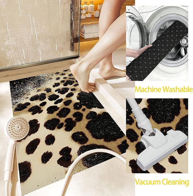 Front Door Mat,Brown Leopard Doormat Outside Entrance,Non-Slip Gold Glitter Entryway Rug for Porch Patio, Felt Low Profile Welcome Mat Indoor for Hallways, 30 x 17 Inch