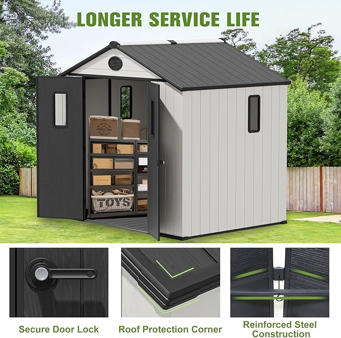 COOS BAY Resin Outdoor Storage Shed with Lockable Double Doors, Heavy-Duty Floor, All-Weather Garden Shed for Tools & Equipment, 8x6 ft, White/Gray