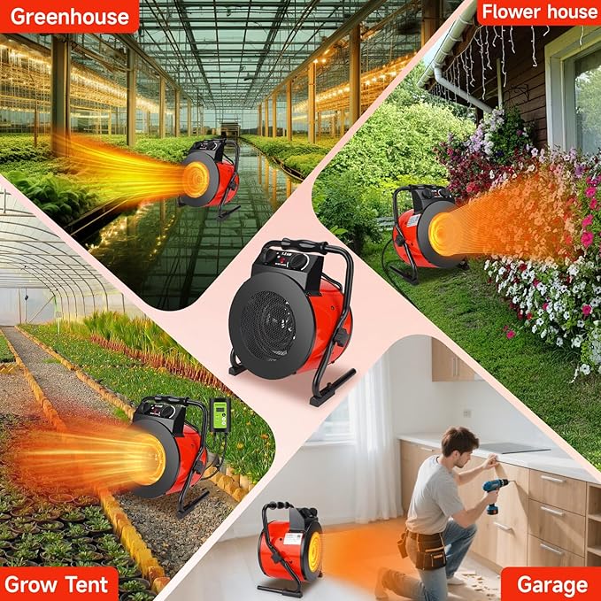 Greenhouse Heater with Digital Thermostat - 1500W Portable Outdoor Heaters for Patio, Fast Heating, Overheat Protection, Electric Space Heater for Greenhouse, Grow Tents, Patio, Red