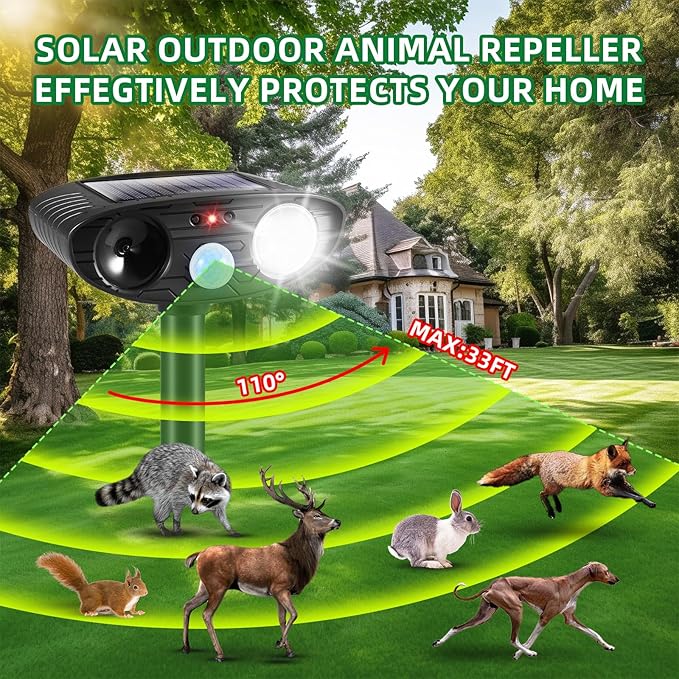 2Pack Solar Ultrasonic Animal Repellent Cat Deterrent Outdoor Solar Animal Repeller with Motion Sensor&LED Strobe Light Deer Repellent to Scare Squirrel Dog Bird Rabbit Skunk Fox Raccoon