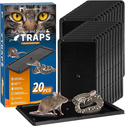 LULUCATCH Sticky Mouse Trap, 20 Pack Large Glue Traps, Pre-Baited Heavy Duty Non-Toxic Bulk Glue Boards Mouse Traps Indoor for Mice, Snakes, Rat, Insects, Cockroaches & Spiders, Pet Safe Easy to Use