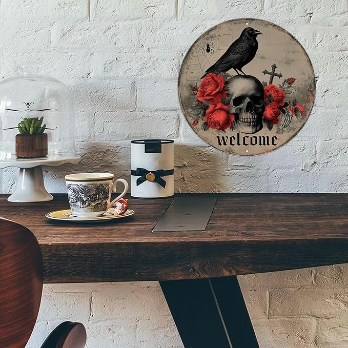 PEACHGARDEN Halloween Skull Crow Metal Tin Sign Vintage Gothic Skeleton Decor Spooky Welcome Door Plaque Retro Wall Art Iron Painting for Home Bar Pub 12x12inch