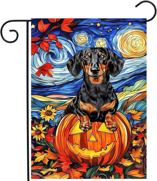 Stained Glass Dachshund Fall Garden Flag Halloween Pumpkin Yard Signs Autumn Sunflower Thanksgiving Banner for Outside 12x18 Double Sided Small Weiner Dog Outdoor Decorative