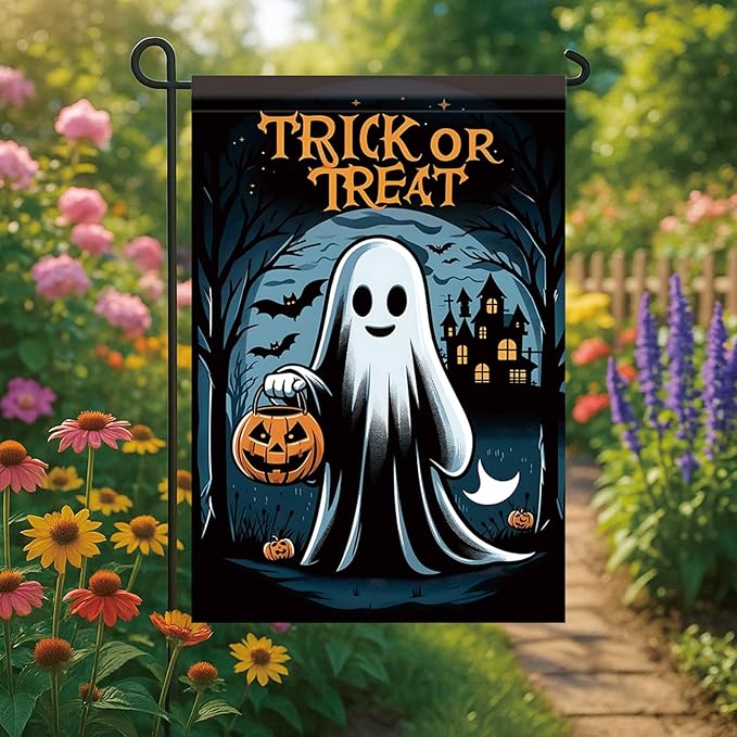 12x18 Inch Halloween Ghost Garden Flag Trick or Treat Ghost Yard Banner Pumpkin Lantern Outdoor Decoration Double Sided Seasonal Holiday Welcome Sign for Patio Lawn Home Party Fall Theme