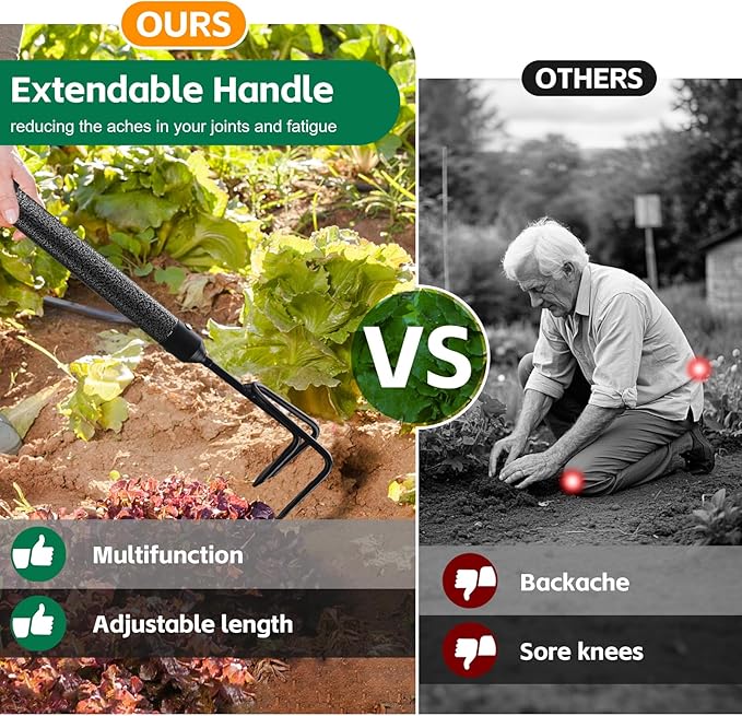 Garden Tools Set with Extension Handles, 5 Piece Thick Gardening Hand Tools, Heavy Duty Steel Rust-Proof Weeding Planting Tool Ideal Gardening Kit Gifts for Women and Men