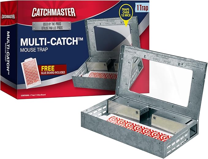 Catchmaster Pro Series Multi-Catch Mouse Trap, Humane Mouse Trap Indoor for Home, Includes 1 Replaceable Glue Board, Pet Safe Pest Control, Live Catch for Garage & Shed