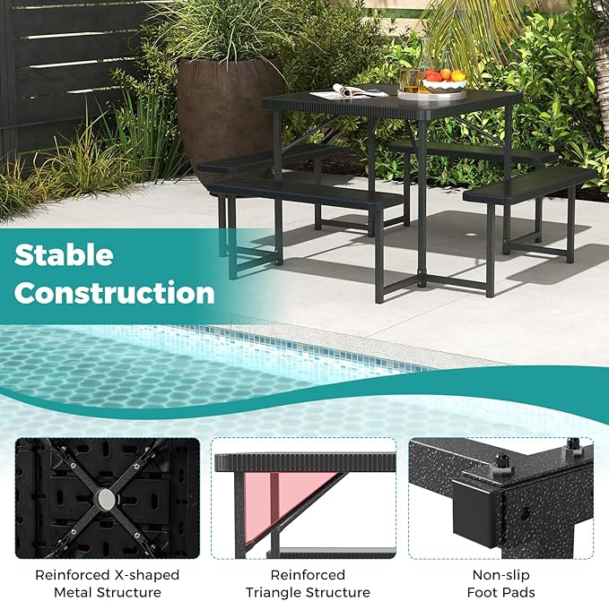 Giantex Picnic Table Bench Set for 4-8 People, 34" Outdoor Square Dining Table & 2 Benches w/Umbrella Hole, HDPE Tabletop, Metal Frame, Patio Camping Furniture for Backyard Porch Lawn (Black,Square)