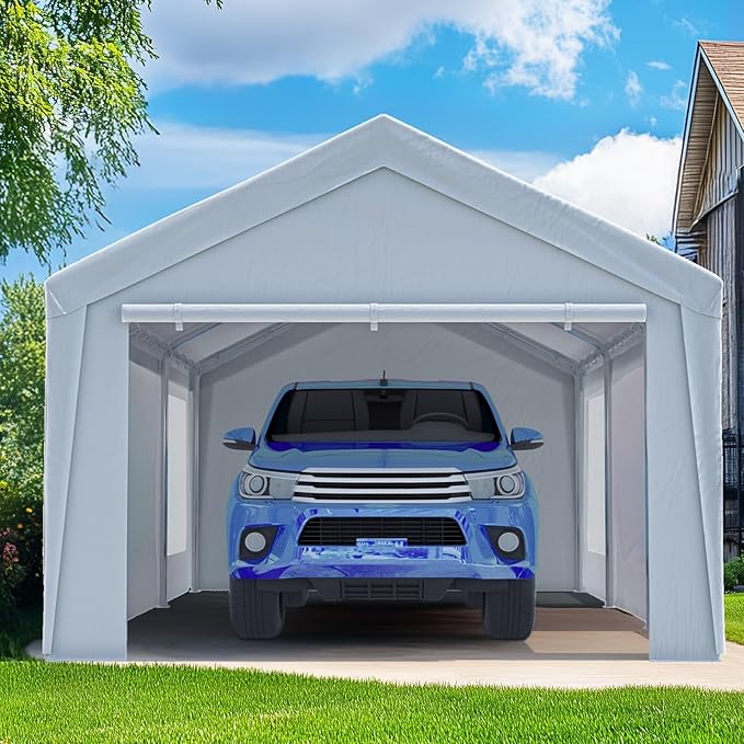 Quictent 12x20 ft Heavy Duty Carport Canopy Galvanized Car Tent Outdoor Garage Boat Shelter with Reinforced Structure with Roll-up Ventilated Windows Sidewall - White