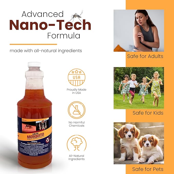 Natural Mosquito Control Spray Concentrate, Repels Mosquitoes, Ticks, Fleas, Flies, Gnats, and Chiggers Away. Makes up to 32 Gallons! (32 oz Concentrate)