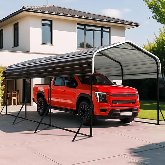 10x15 Metal Carport with Base Fixings Heavy Duty Garage Outdoor Chrome Plated Frame and Sheet Metal Construction Suitable for Boats, Cars, Tractors and Agricultural Equipment, Dark Gray