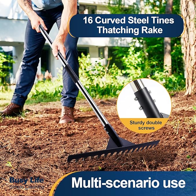 Yocada Thatch Rake 15.7" Steel Lawn Thatching Rake Heavy Duty Grass Grooming Tool for Garden Yard Soil Loosening Lawn Cleaning 62" Tall