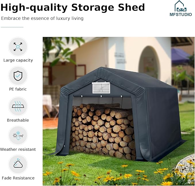 MFSTUDIO Outdoor Storage Sheds 10x15 ft, Portable Carport Shelter Garages Heavy Duty Canopy with Rolled up Zipper Doors, Outside Utility Shed Garage Tent for Patio Furniture, Vehicles and Tools