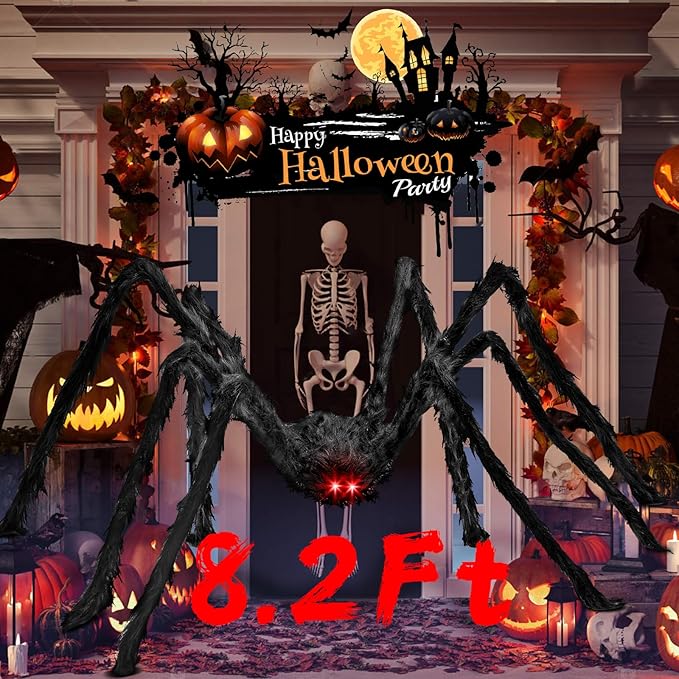98IN/8.2FT/250CM Halloween Giant Spider Decorations: Largest Fake Scary Hairy Spider - Halloween Huge Plush Toy Spider Props Toy for Indoor Outdoor Creepy Lawn Garden Decor Black