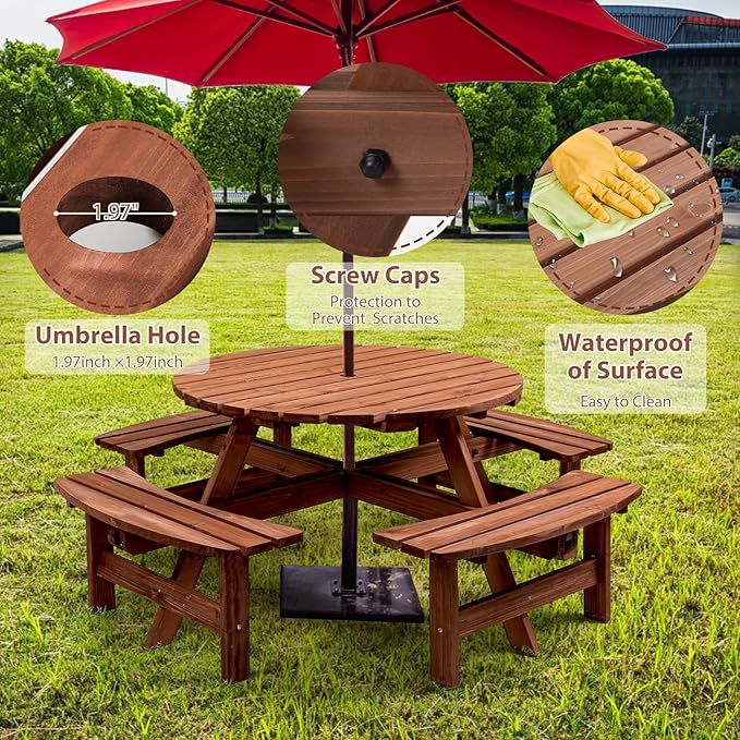 8-Person Round Wooden Picnic Table with Seat, Outdoor Camping Dining Table with 4 Built-in Benches, Brown